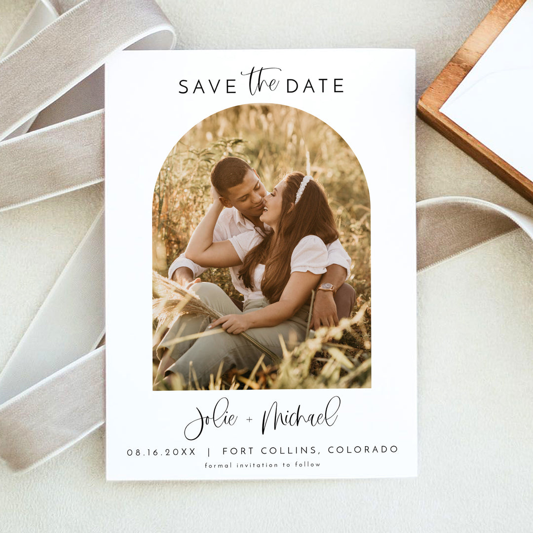 JOLIE Modern Boho Wedding Save the Date Cards with Arched Photo