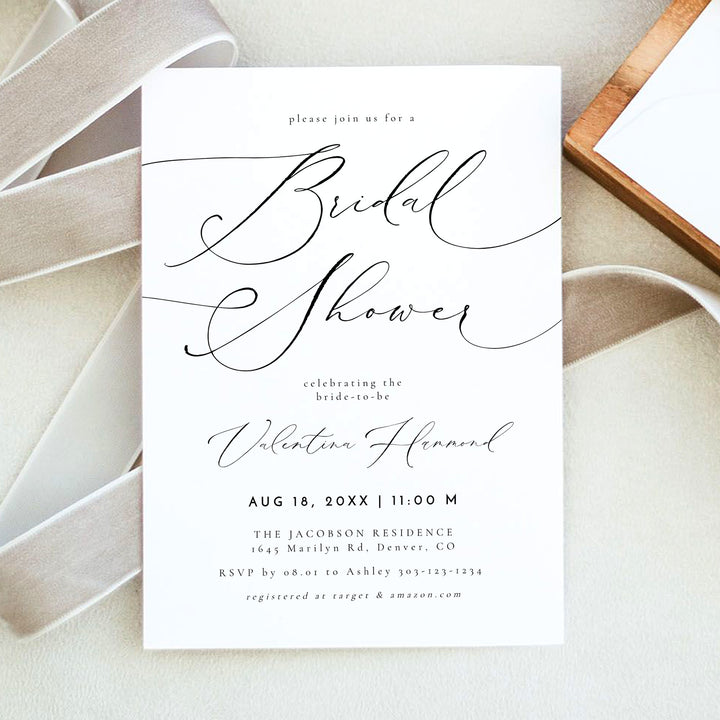 VALENTINA Elegant Calligraphy Bridal Shower Invitation with Photo