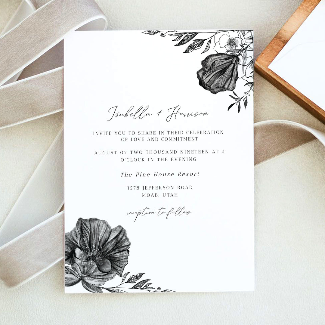 NOVA Elegant Black and White Floral Wedding Invitations