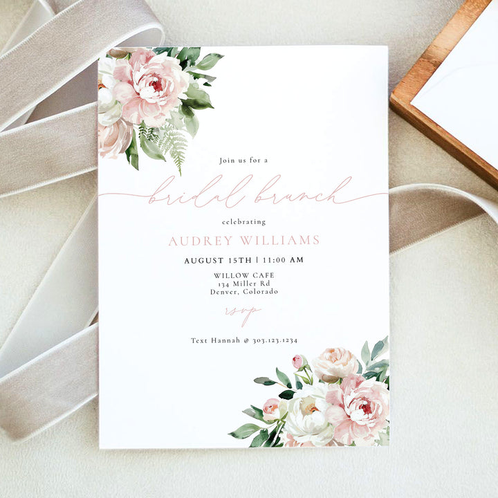 AUDREY Blush Pink Peony Floral Bridal Shower Brunch Invitation