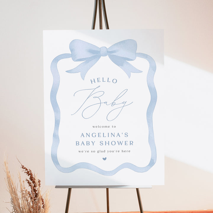 ANGELINA Custom Blue Bow Hello Baby Shower Welcome Sign