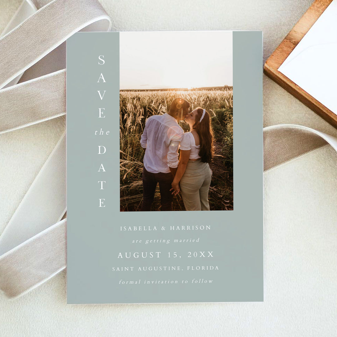 NINA Sage Green Boho Photo Save the Date Wedding Invitation