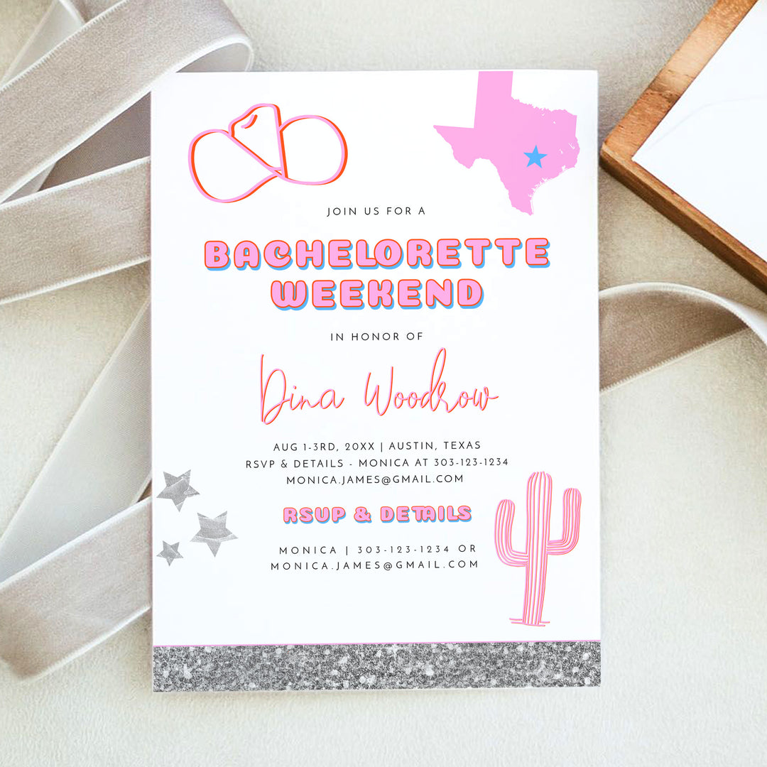 DINA Pink Disco Cowgirl Texas Bachelorette Invitation & Itinerary