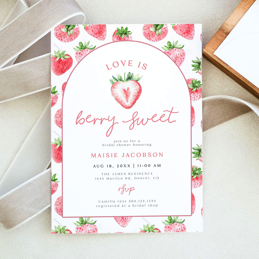 MAISIE Love is Berry Sweet Cute Strawberry Bridal Brunch Invitation
