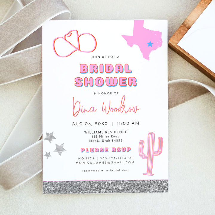 DINA Retro Space Cowgirl Texas Bridal Shower Invitation with Photo