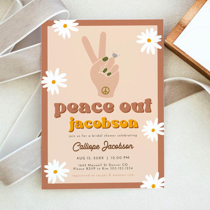 STEVIE Peace Out Retro Hippie Bridal Shower Invitation with Photo