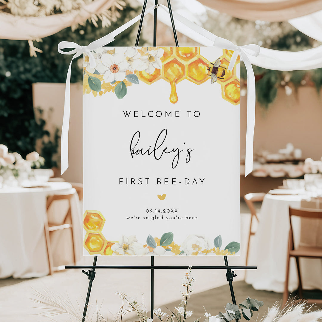 ROMY Girl's First Bee Day Bee Themed Birthday Party Welcome Sign