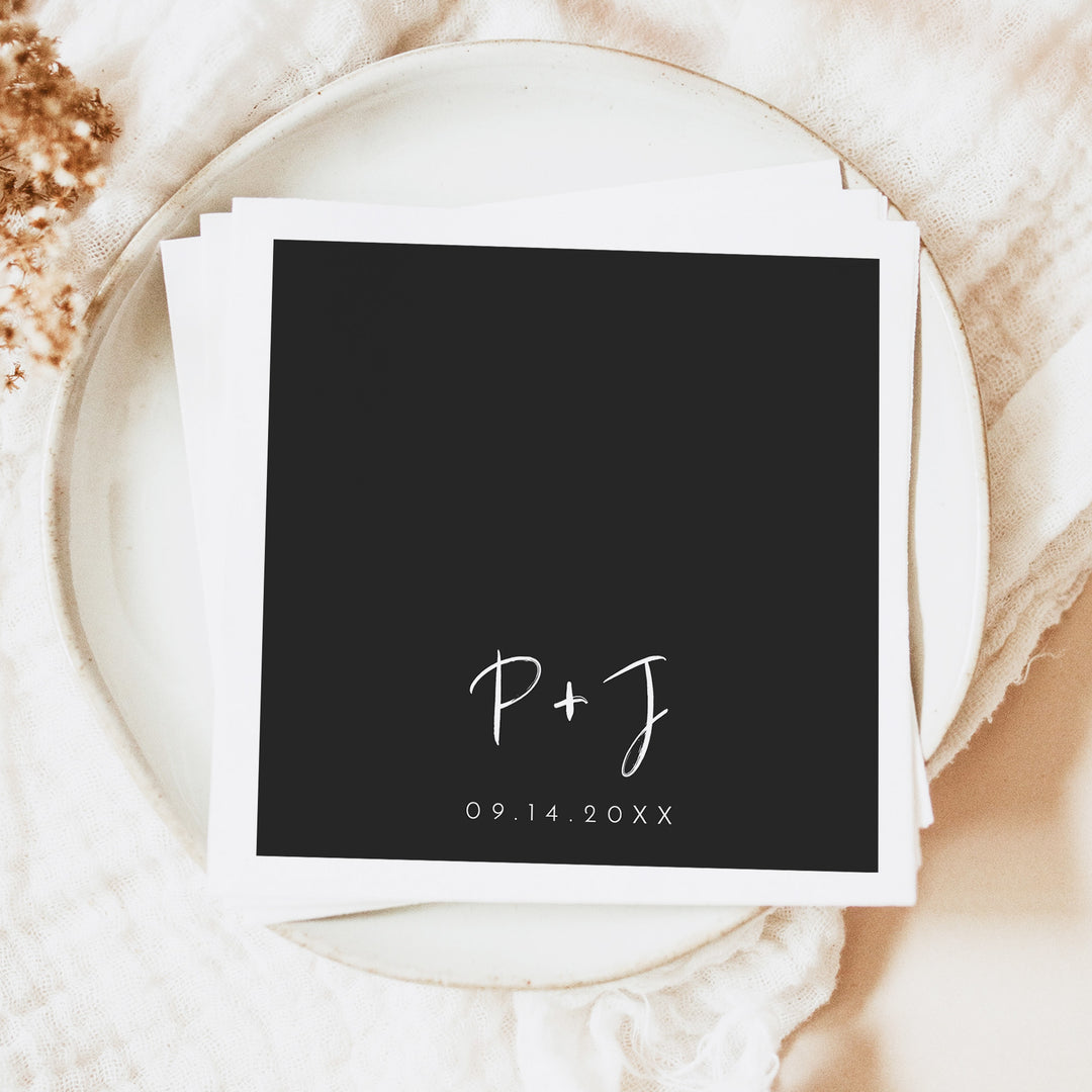 PRIYA Simple Black Monogram Wedding Napkins