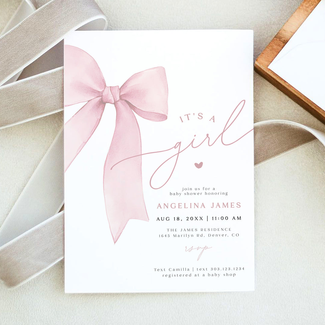 ANGELINA Blush Pink Bow Baby Girl Shower Invitation