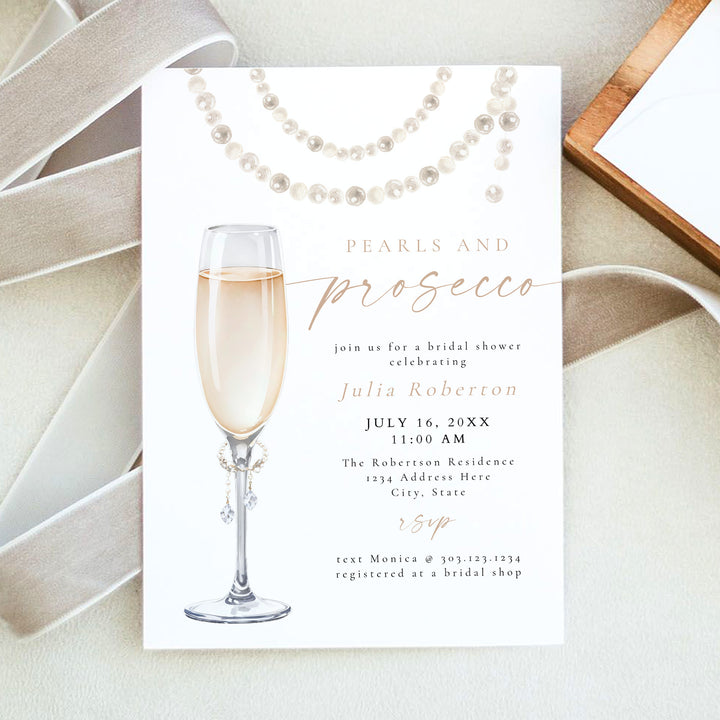 JULIA Pearls and Prosecco Elegant Champagne Bridal Shower Invitation