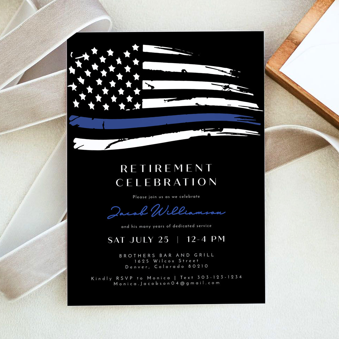 POLICE Retirement Invitation with Thin Blue Line Flag and Photo