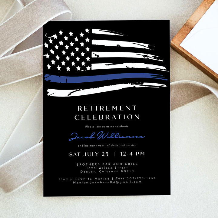 POLICE Retirement Invitation with Thin Blue Line Flag and Photo