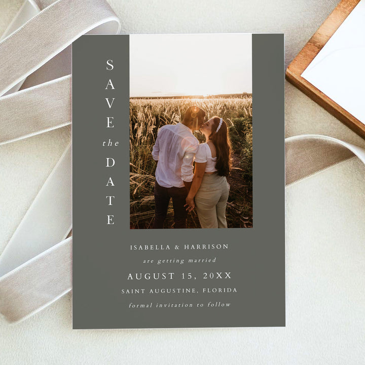 NINA Elegant Olive Green Wedding Save the Date Card with Photos