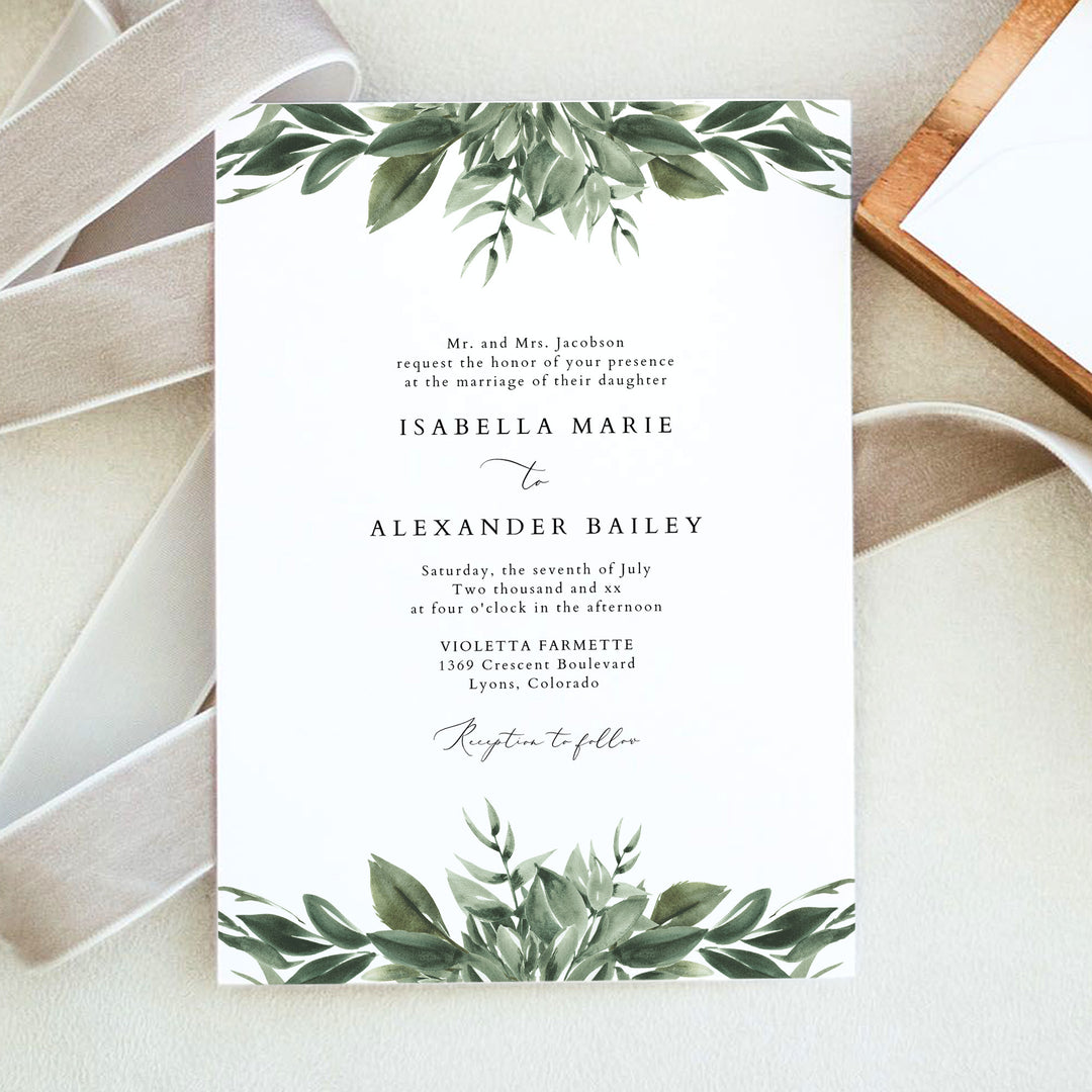 LANA Olive Green Boho Greenery Wedding Invitations
