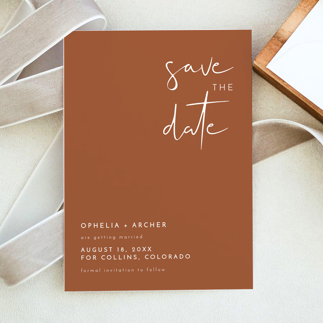 CORIANDER Burnt Orange Minimalist Wedding Save the Date Cards with Photo