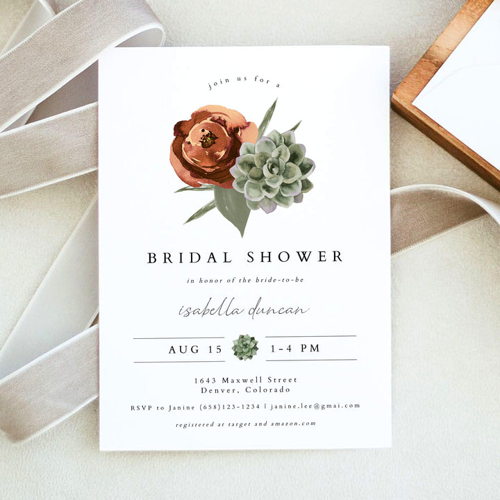 AVA Desert Succulent and Floral Bohemian Bridal Shower Invitation
