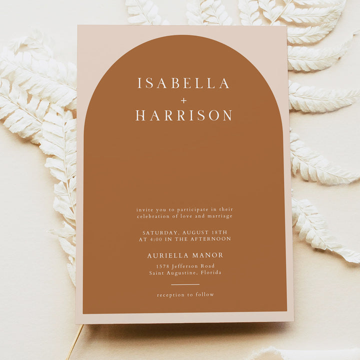 MIA Arched Boho Terracotta Wedding Invitation Set with Photo