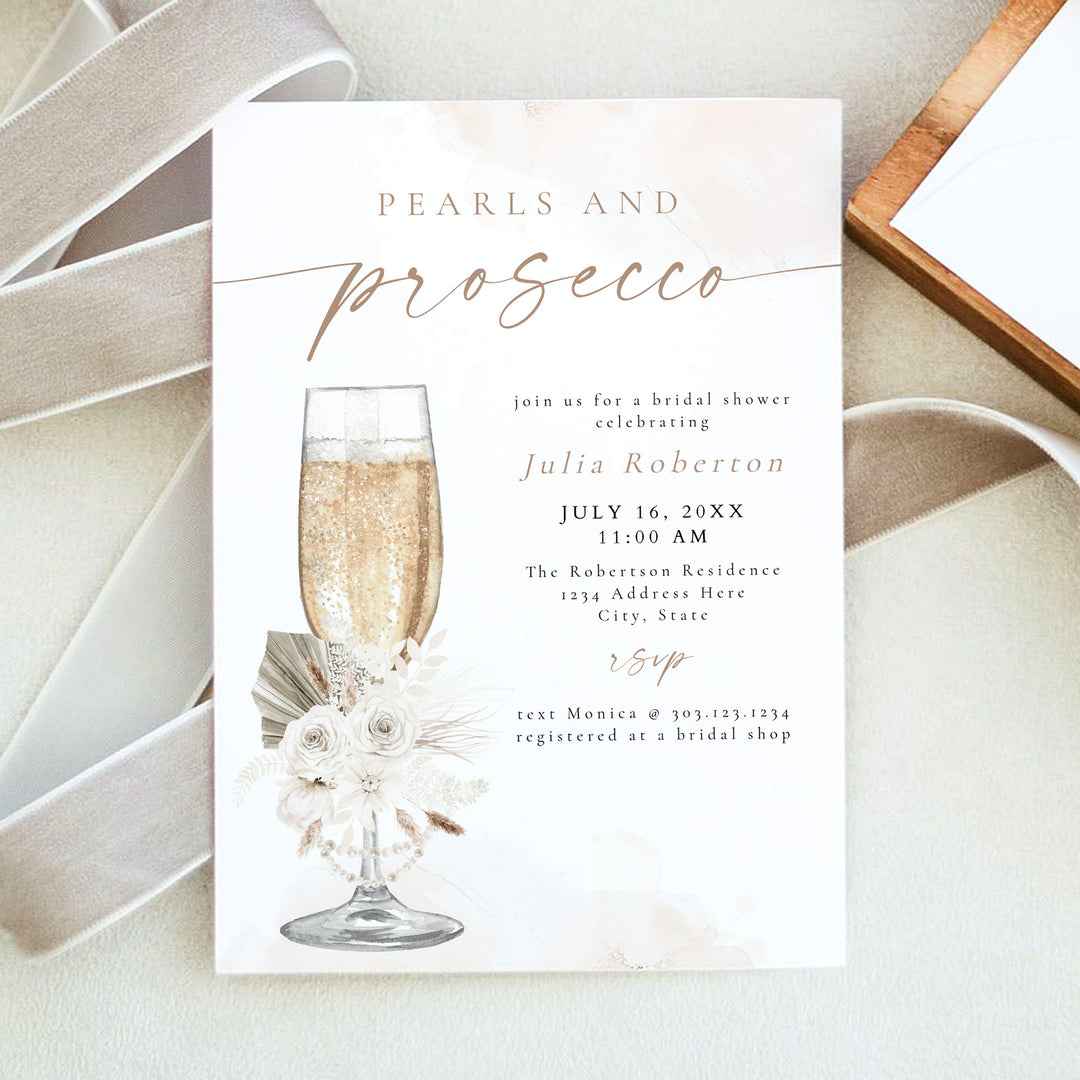 JULIA Pearls and Prosecco Boho Floral Bridal Shower Invite