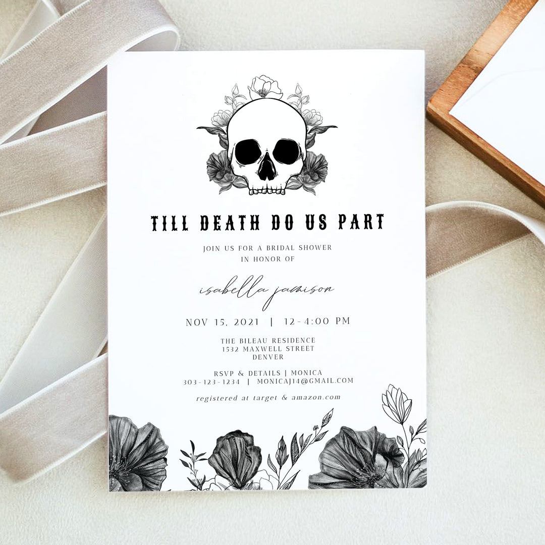 NOVA Black and White Floral Skull Bridal Shower Invitations