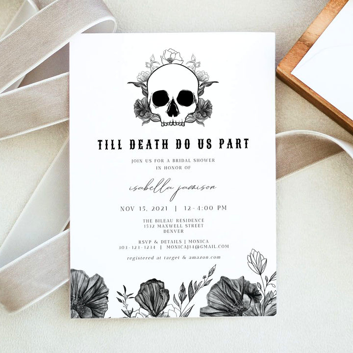 NOVA Black and White Floral Skull Bridal Shower Invitations