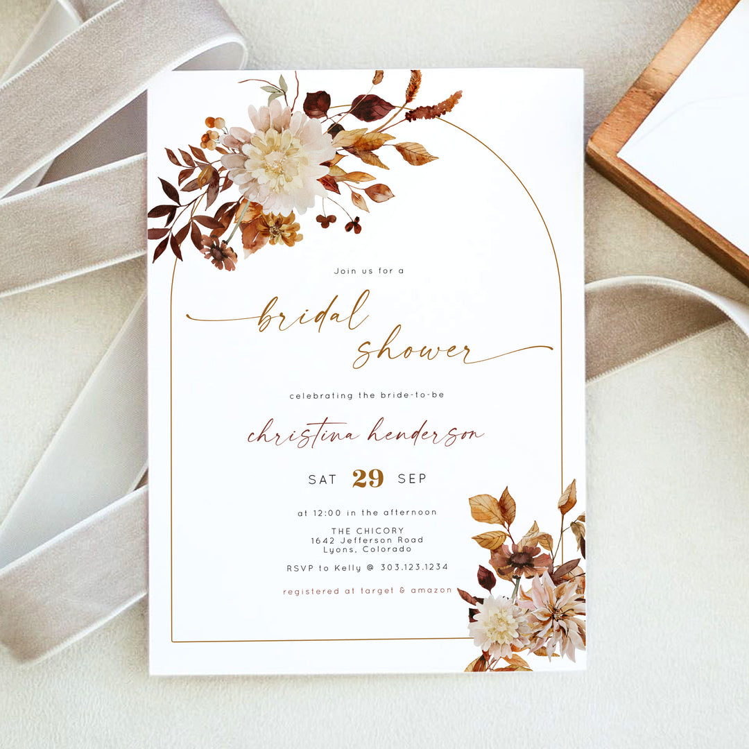 TALIA Blush Autumn Boho Floral Bridal Shower Invitation with Photo