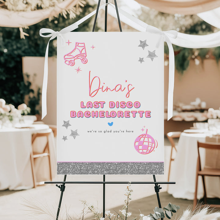 DINA Hot Pink & Glitter Last Disco Bachelorette Welcome Sign