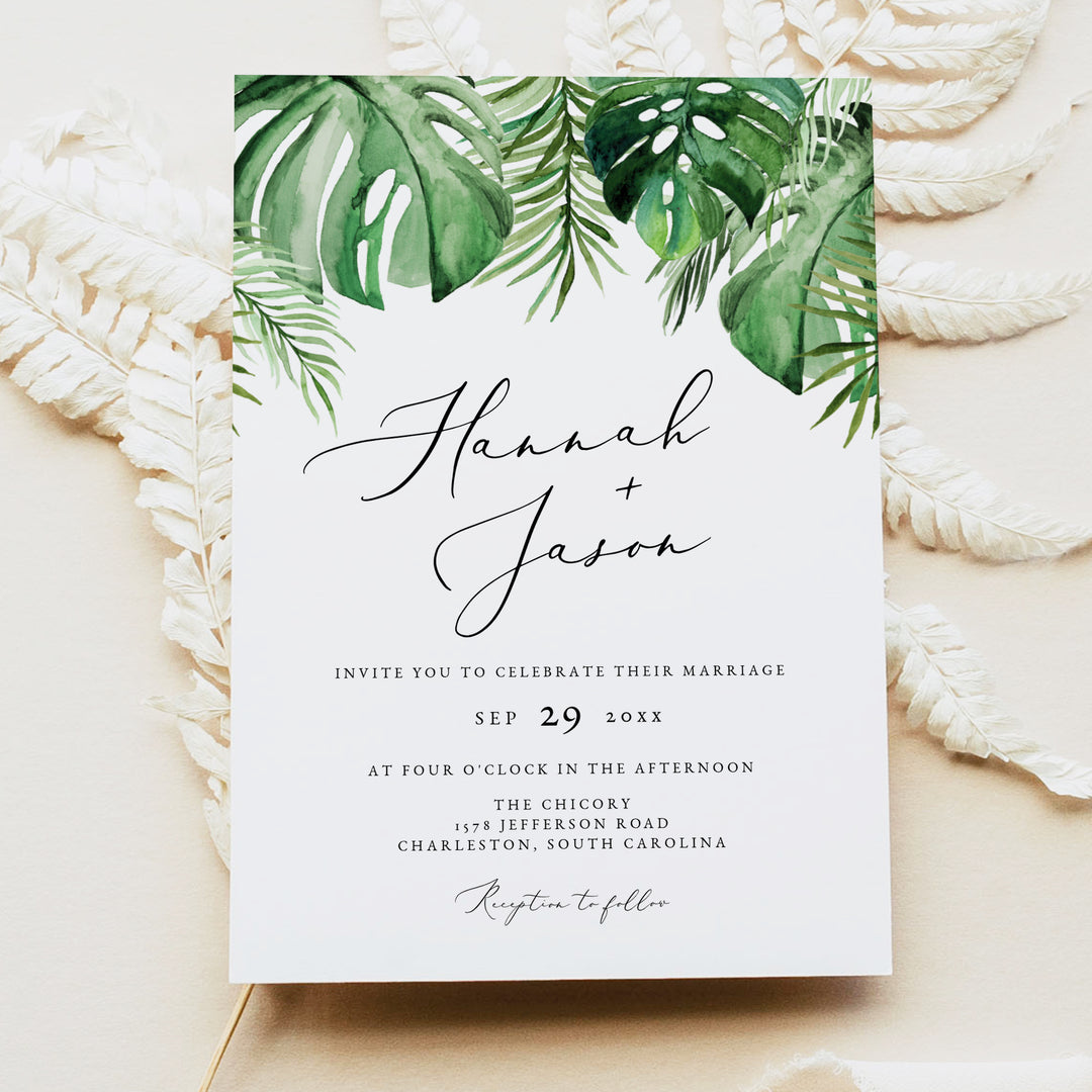 CORA Green Monstera Palm Wedding Invitation Suite with Photo