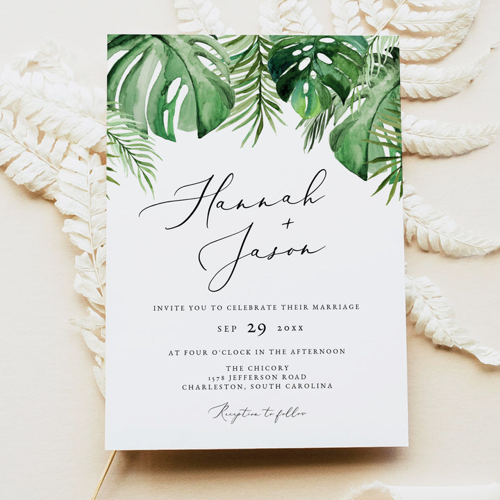 CORA Green Monstera Palm Wedding Invitation Suite with Photo