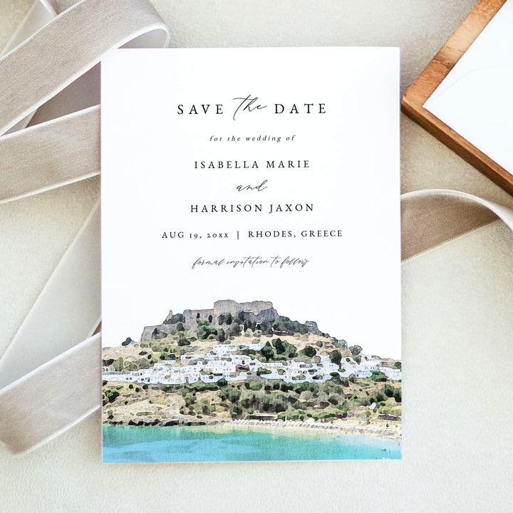 RHODES Coastal Greek Wedding Photo Save the Date Invite