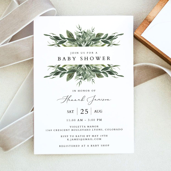 LANA Boho Watercolor Greenery Baby Shower Invitations