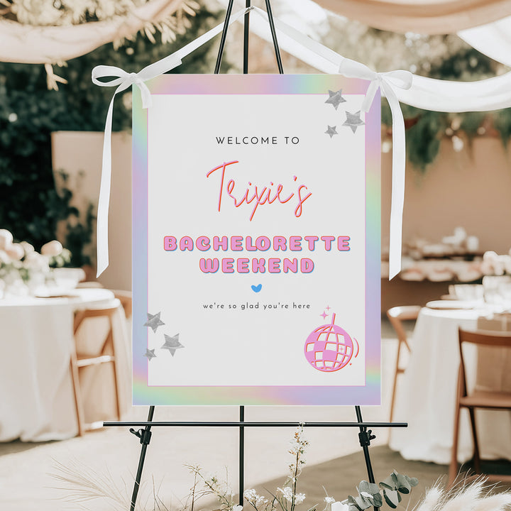 DINA Retro Hot Pink Space Cowgirl Bachelorette Party Sign