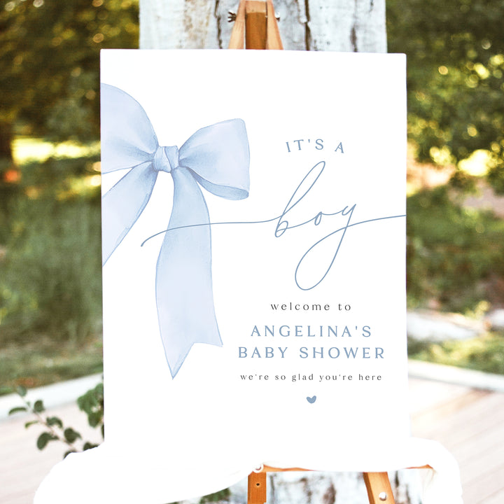 ANGELINA Dusty Blue Bow It's a Boy Baby Shower Welcome Sign