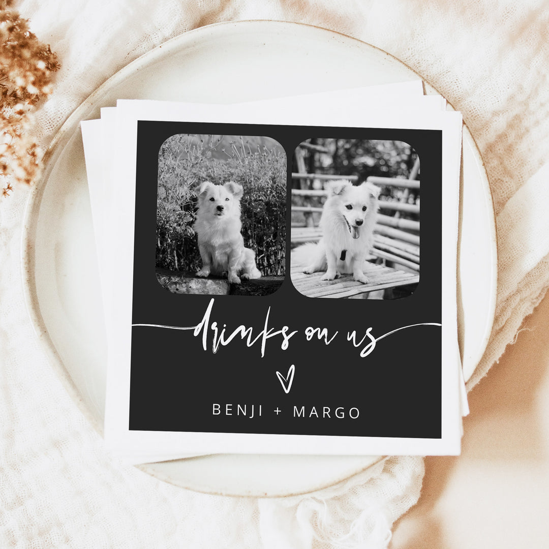 PRIYA Drinks On Us Black and White Pet Photo Napkins for Wedding