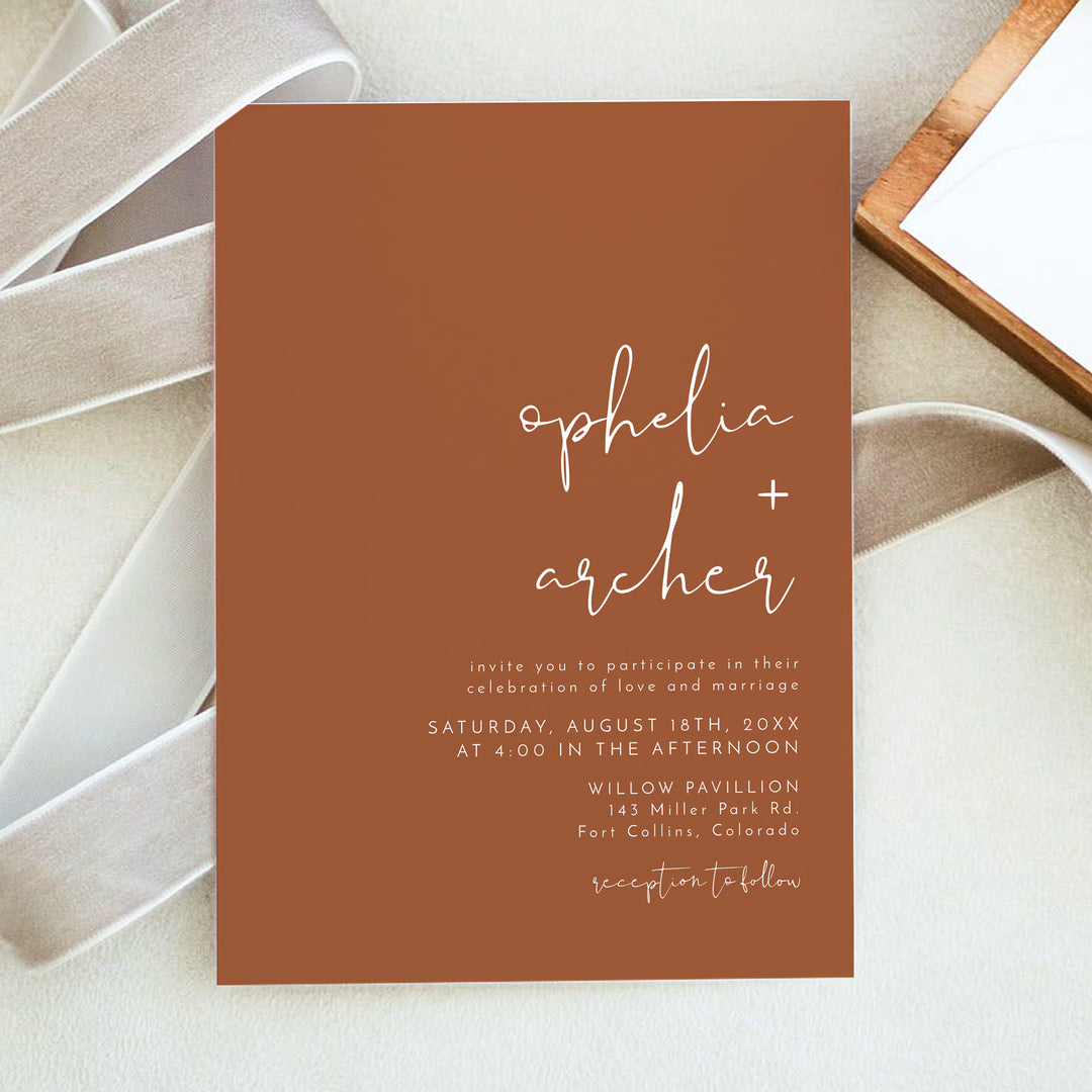 CORIANDER Minimalist Terracotta Wedding Invitations with Photo