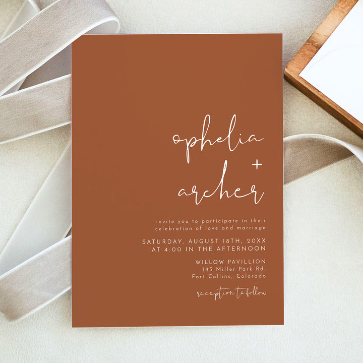 CORIANDER Minimalist Terracotta Wedding Invitations with Photo