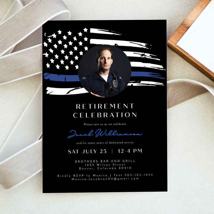 POLICE Tribute Photo Retirement Invitations with Thin Blue Line Flag