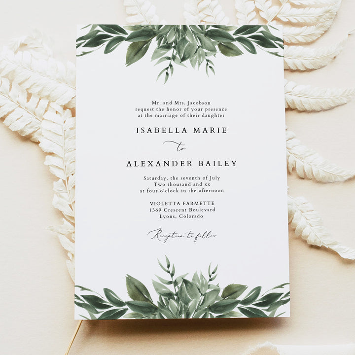 LANA Rustic Olive Green Winter Wedding Invitation Suite with Envelopes