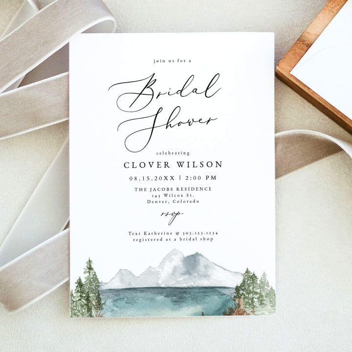 CLOVER Rustic Watercolor Lake Bridal Shower Invitation