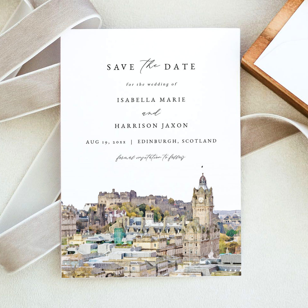 EDINBURGH Scotland Skyline Watercolor Save the Dates with Photo