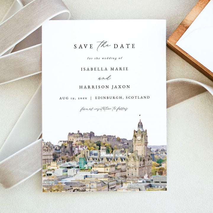 EDINBURGH Scotland Skyline Watercolor Save the Dates with Photo