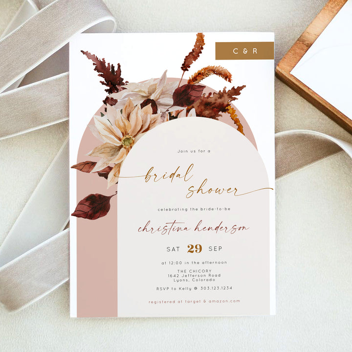 TALIA Dusty Rose Rustic Fall Floral Bridal Shower Photo Invitation
