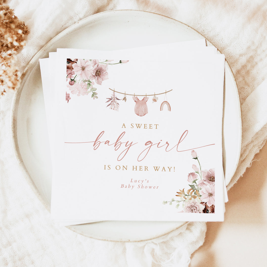 LUCY Personalized Pink Clothesline Boho Baby Shower Napkins