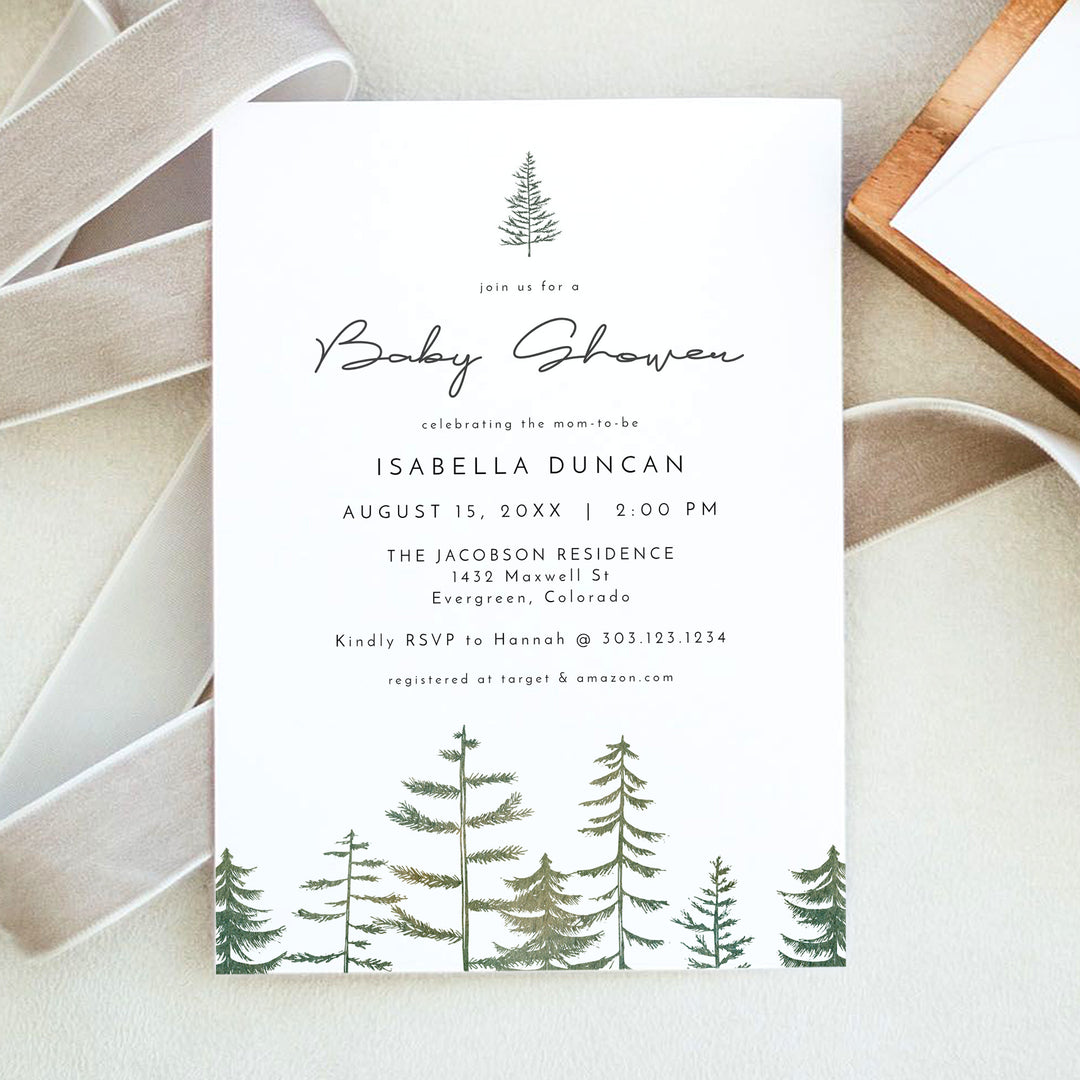 TIMBER Minimalist Pine Tree Woodland Baby Shower Invitation with Photo