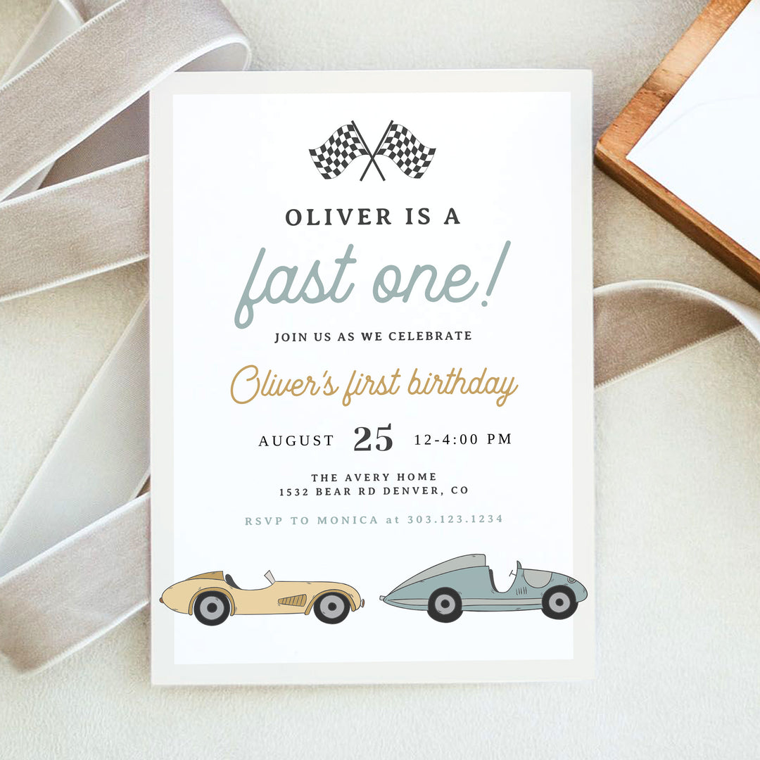 MAVERICK Boy's Retro Racing Car First Birthday Invitation with Photo
