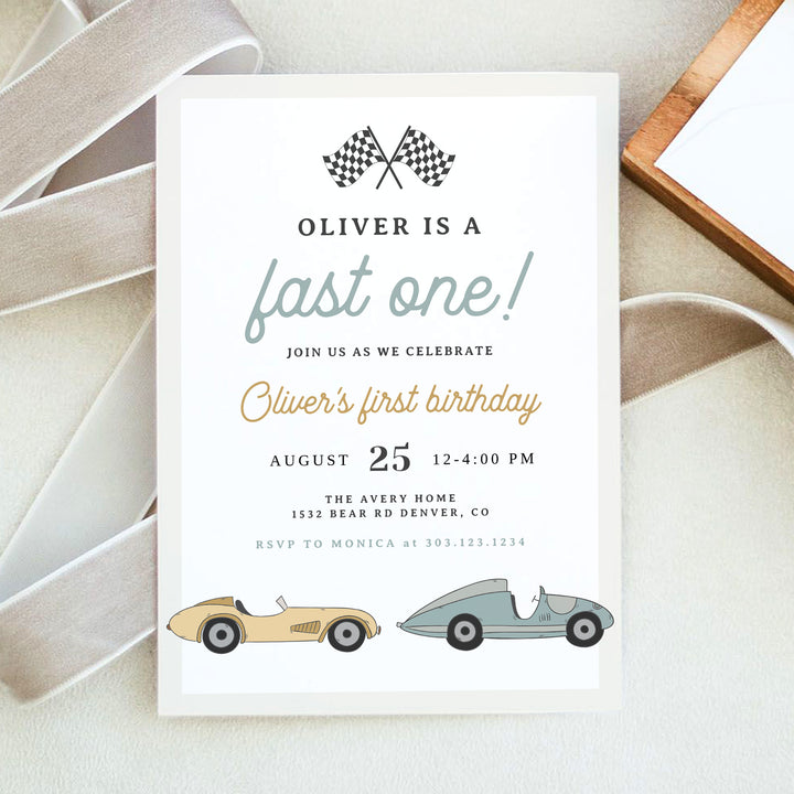 MAVERICK Boy's Retro Racing Car First Birthday Invitation with Photo