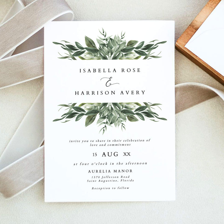 LANA Romantic Sage Green Botanical Photo Wedding Invitation