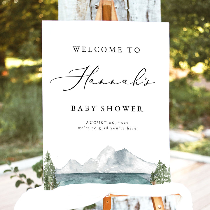 CLOVER Mountain and Lake Watercolor Woodland Baby Shower Welcome Sign