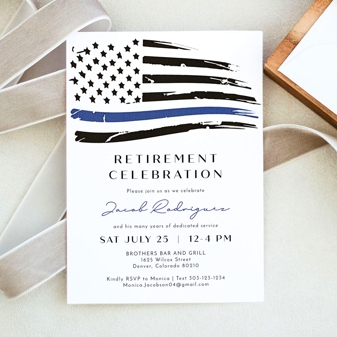 POLICE Officer Thin Blue Line Flag Retirement Party Invitation with Photo