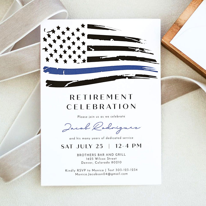 POLICE Officer Thin Blue Line Flag Retirement Party Invitation with Photo