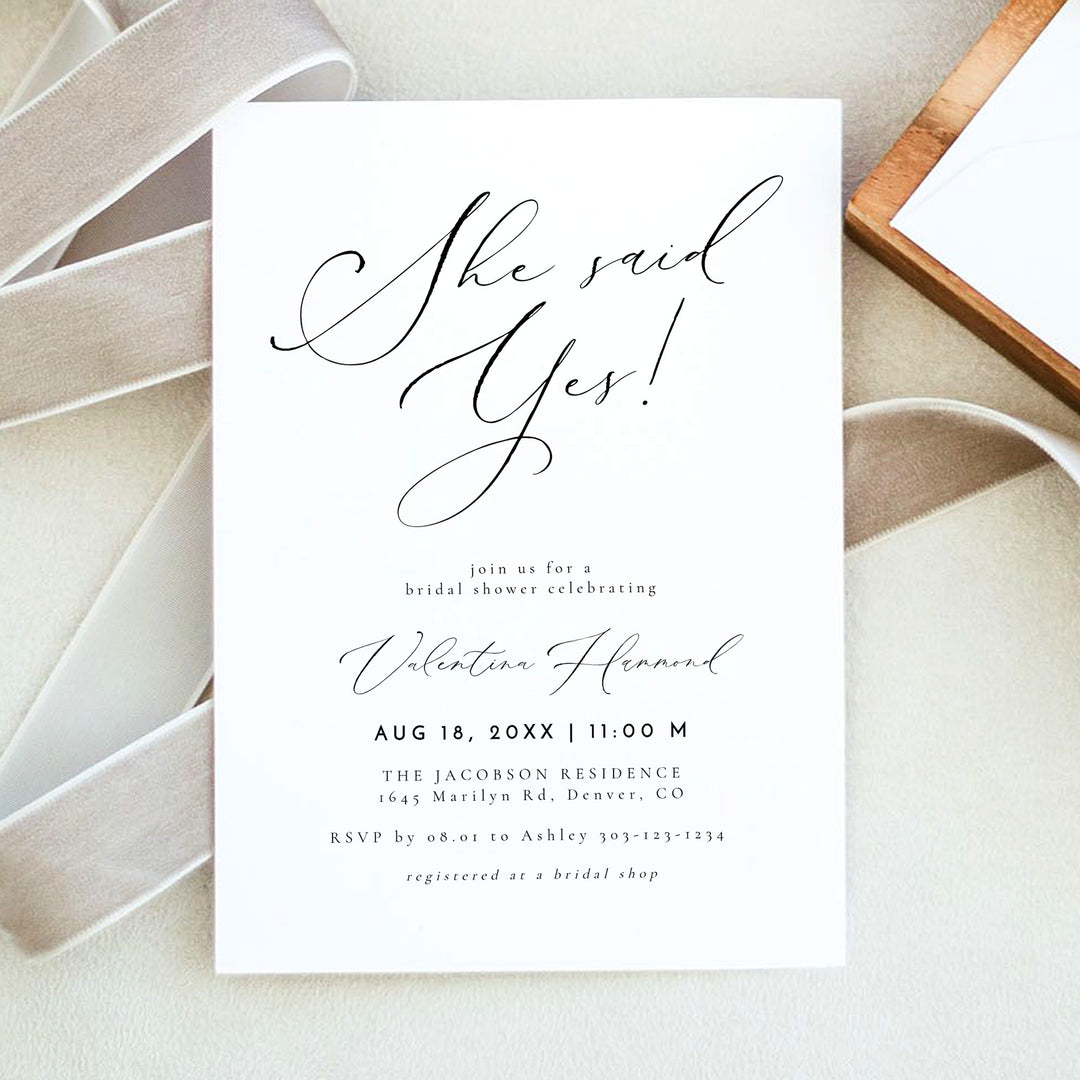 VALENTINA She Said Yes Elegant Bridal Shower Invitation with Photo